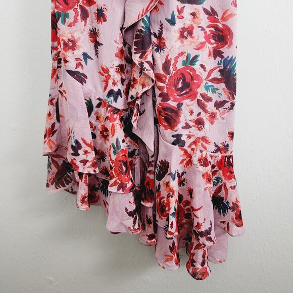 Lovers + Friends Stacey Ruffle Midi Dress Pink Red Floral Asymmetric Small NWT - Picture 6 of 15